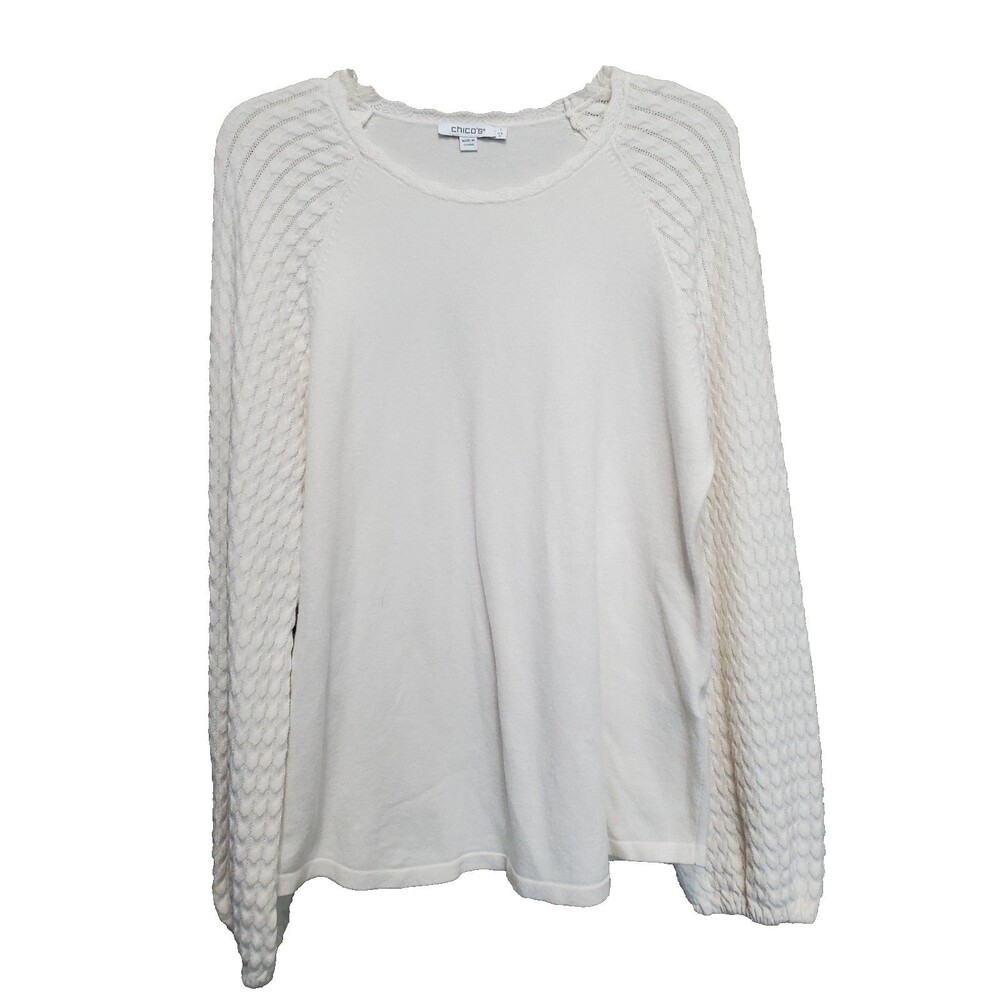 Chico's Ivory Viscose/Cashmere Blend Textured Sleeve Scalloped Neck Sweater MED